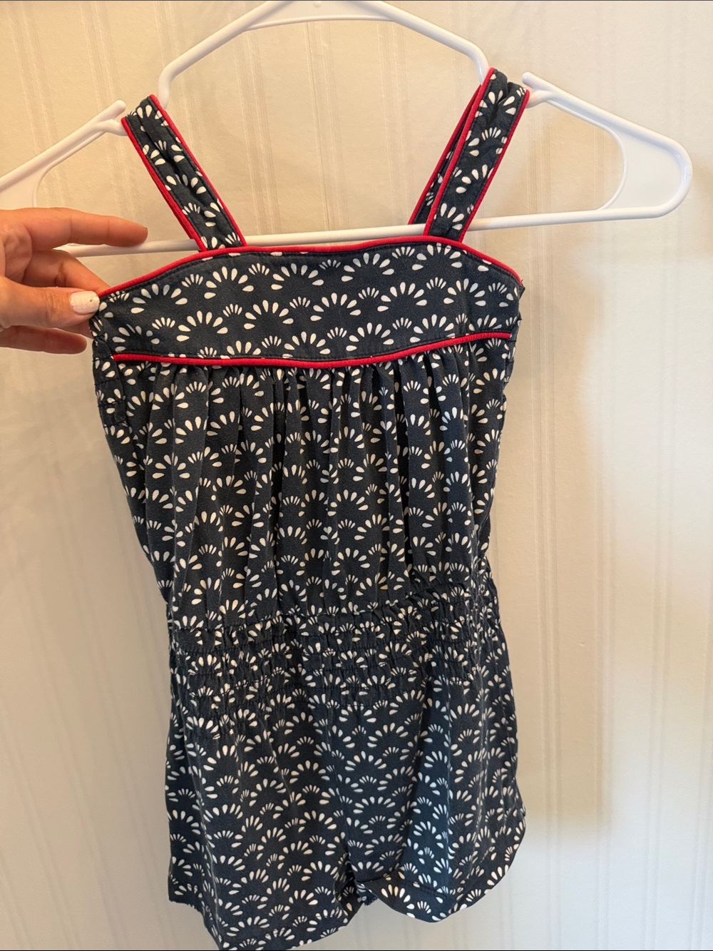Girls Navy Printed romper with red Trim